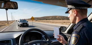 police officer writing speeding ticket highway traffic stop