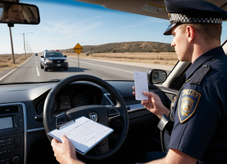 police officer writing speeding ticket highway traffic stop