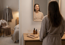 A woman smiling at her reflection in a mirror.