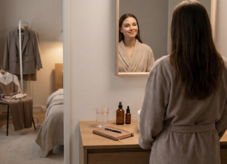 A woman smiling at her reflection in a mirror.