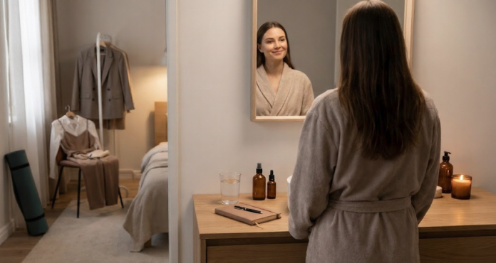 A woman smiling at her reflection in a mirror.