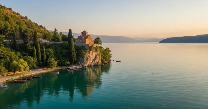 Lake Ohrid with Church of Saint John at Kaneo, North Macedonia